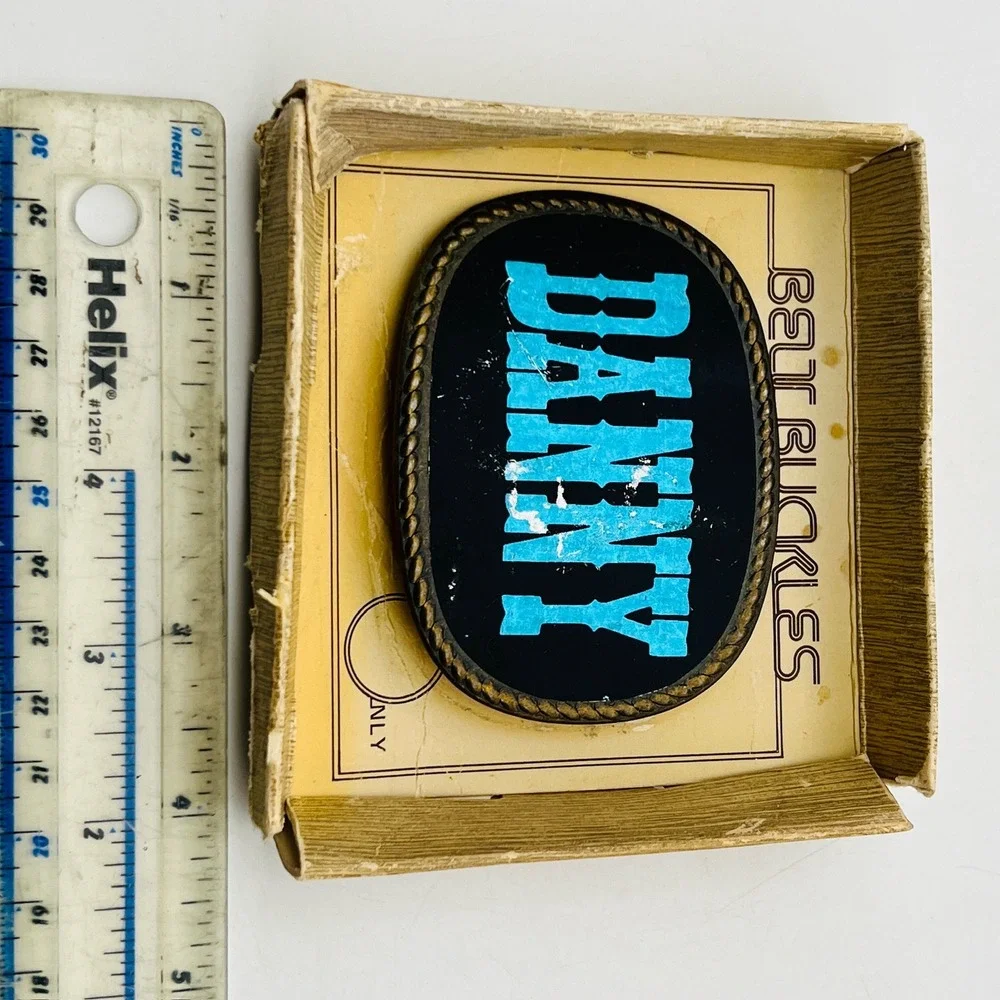 Vintage Danny Name Belt Buckle Blue‎ Western Font Black Oval Rope Border Boxed